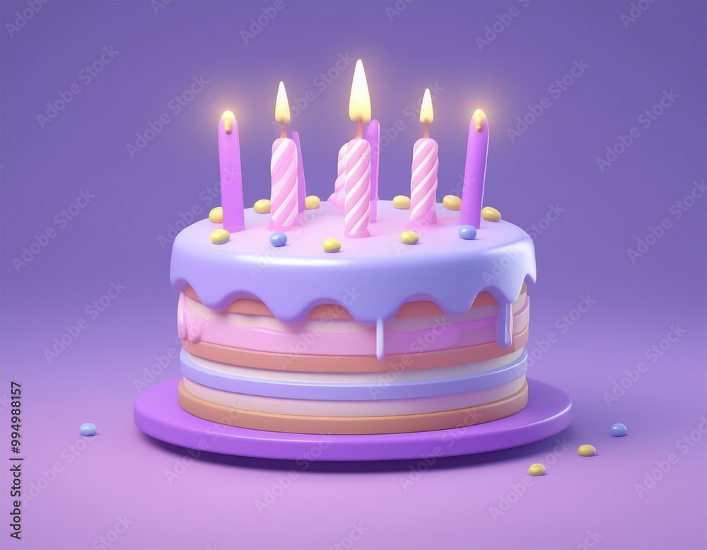 3D colorful birthday cake with lit candles 3D colorful birthday cake with lit candles