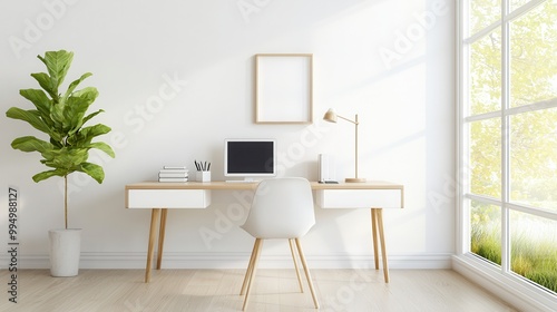 Modern Home Office Desk with White Chair and Sunlight.