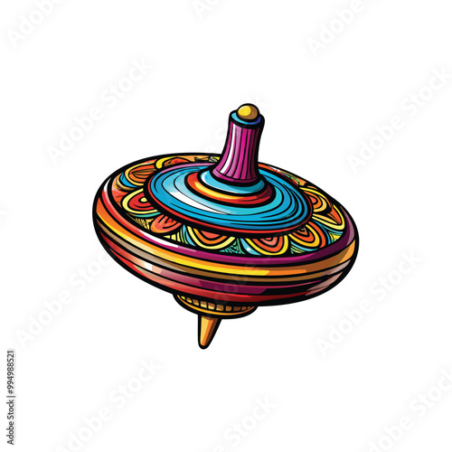 A colorful spinning top with intricate swirling patterns, isolated on a white background.