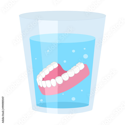 Denture in water. False removable teeth gum prosthesis in clean water, teeth cleaning dental care treatment.