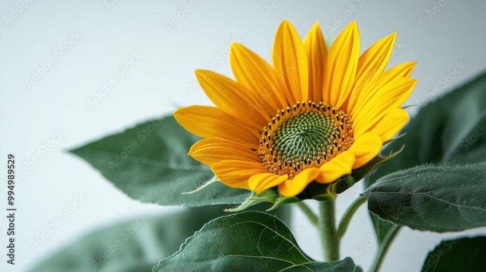 Obraz premium A vibrant sunflower with green leaves against a light background.