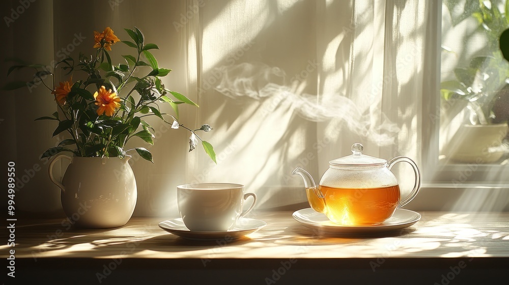 A serene tea setup with a steaming teapot and flowers by a window. A serene tea setup with a steaming teapot and flowers by a window.