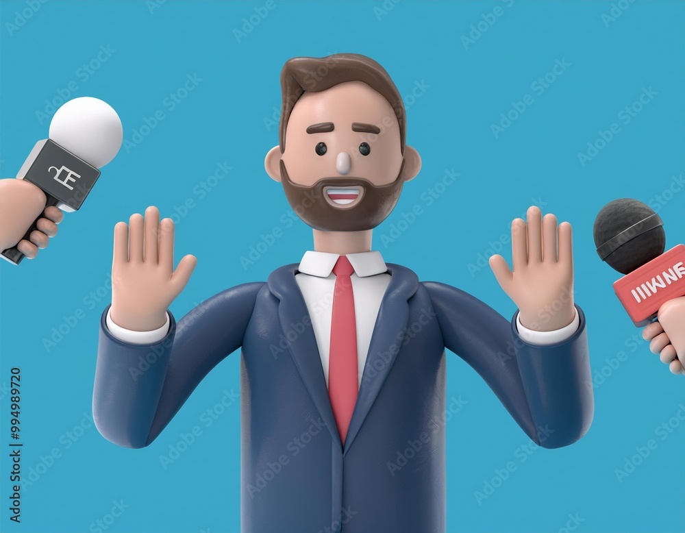 3D man in a suit is being interviewed by two reporters with microphones 3D man in a suit is being interviewed by two reporters with microphones