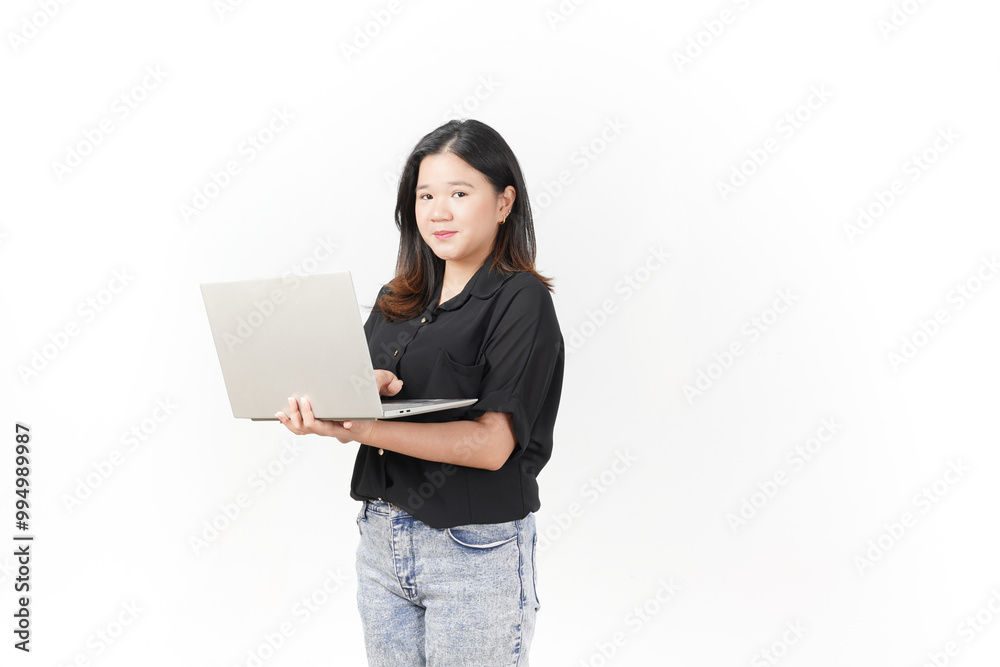 happy asian woman wearing black shirt holding laptop computer on isolated background happy asian woman wearing black shirt holding laptop computer on isolated background