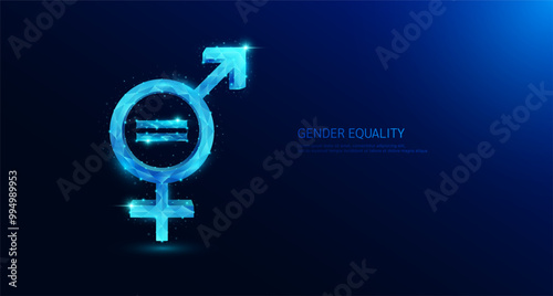 Gender symbols male and female. Polygon glowing blue. Gender equality concept. Banner vector illustration.