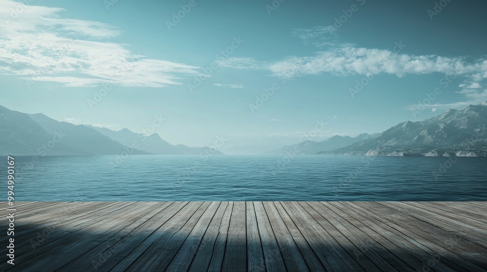 Obraz premium Standing on a wooden deck, the ocean stretches infinitely ahead