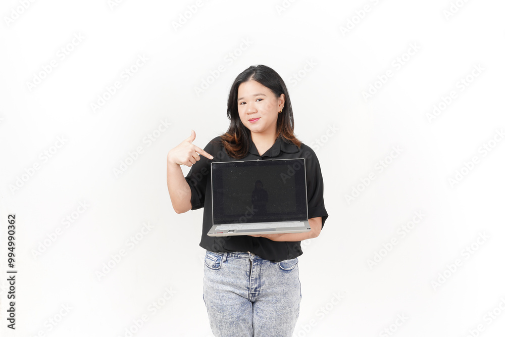 E-commerce and online shopping concept, asian woman standing and showing blank laptop screen E-commerce and online shopping concept, asian woman standing and showing blank laptop screen