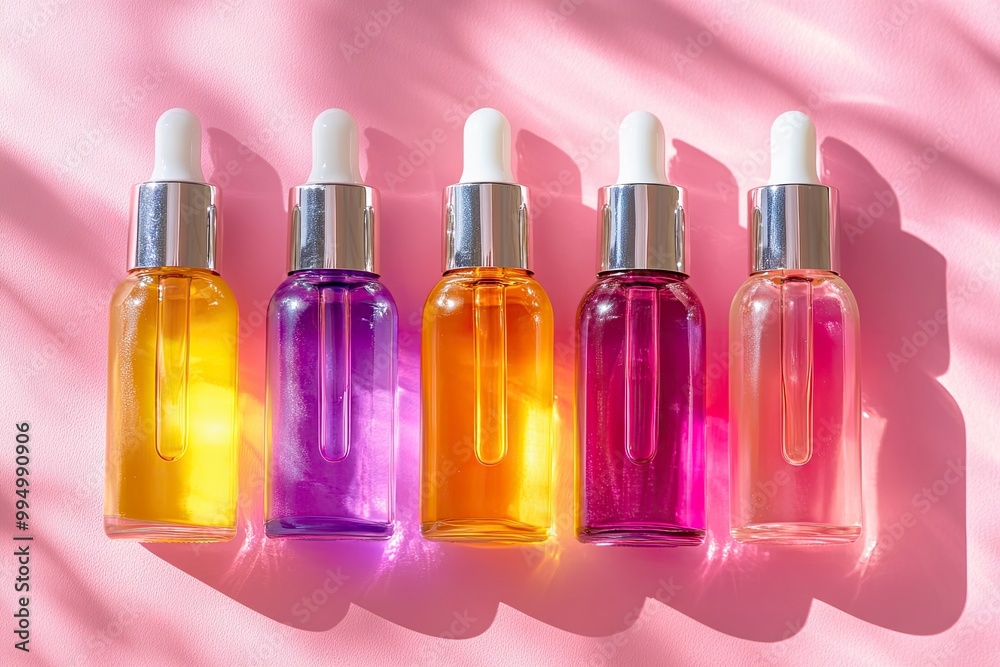 Top view of four glass serum dropper bottles with vibrant liquid colors on a soft pink surface, symbolizing skincare beauty routines. generative ai Top view of four glass serum dropper bottles with vibrant liquid colors on a soft pink surface, symbolizing skincare beauty routines. generative ai