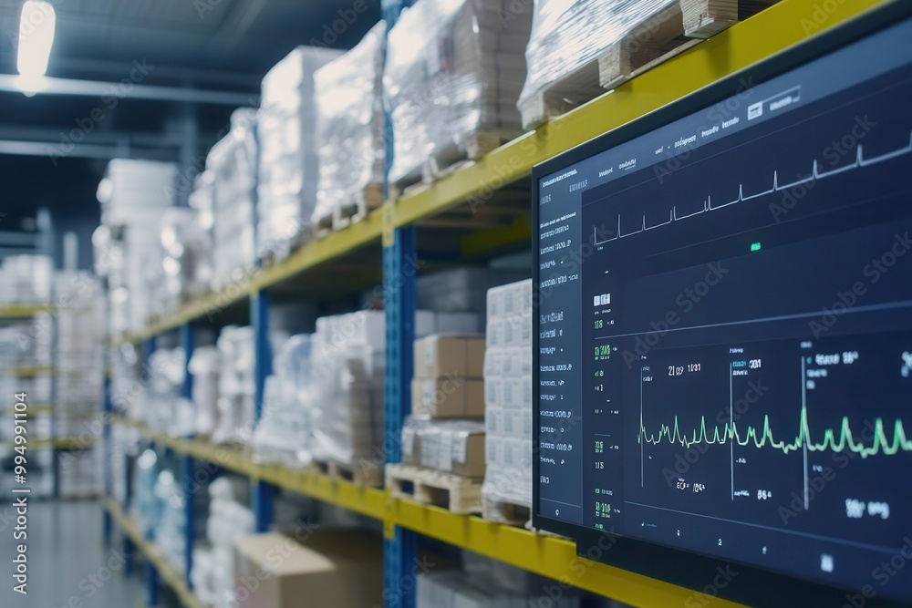 Close-up of logistics software showing stock levels for medical supplies in a hospital warehouse Close-up of logistics software showing stock levels for medical supplies in a hospital warehouse