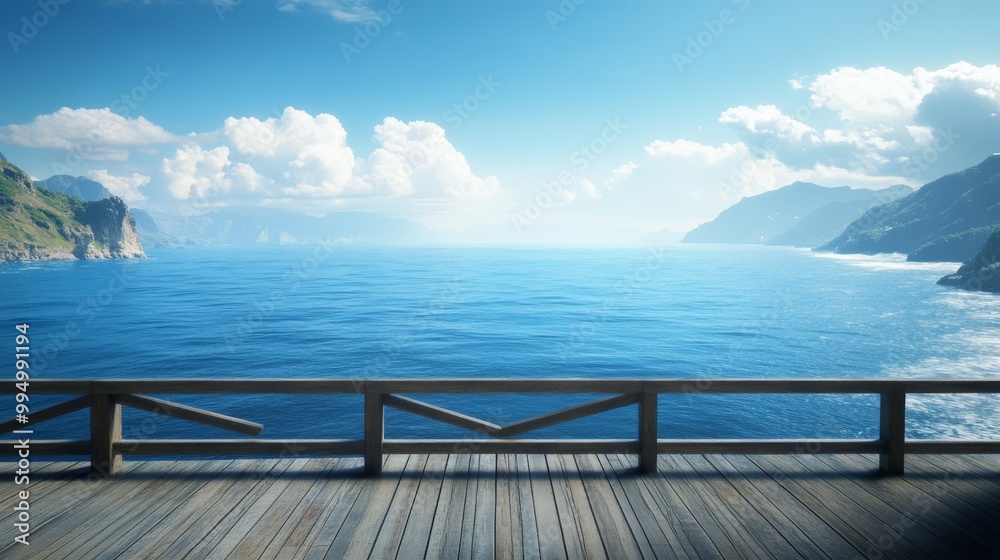 Standing on a wooden viewing platform, the ocean extends infinitely ahead Standing on a wooden viewing platform, the ocean extends infinitely ahead