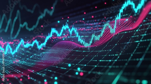 A dynamic representation of stock market trends with vibrant, colorful graph lines against a dark background.