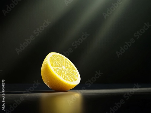 A vibrant yellow lemon half illuminated in soft light, showcasing its juicy texture against a dark background. photo