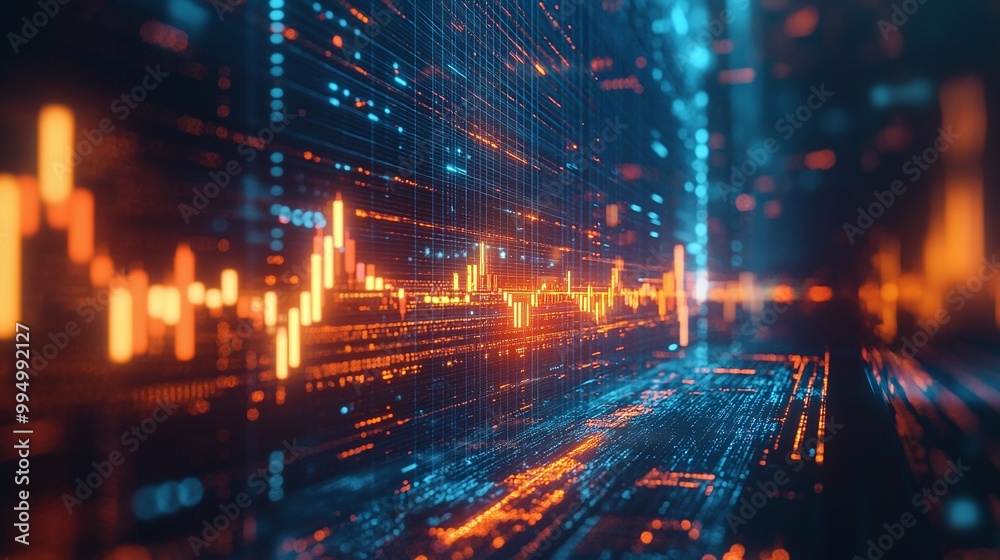 Abstract data technology background featuring vibrant orange and blue lights illustrating digital data flow. Abstract data technology background featuring vibrant orange and blue lights illustrating digital data flow.
