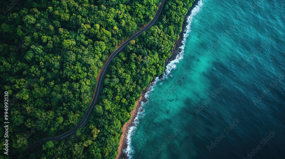 custom made wallpaper toronto digitalAerial View of Coastal Road Amidst Lush Green Forest and Turquoise Ocean Waves