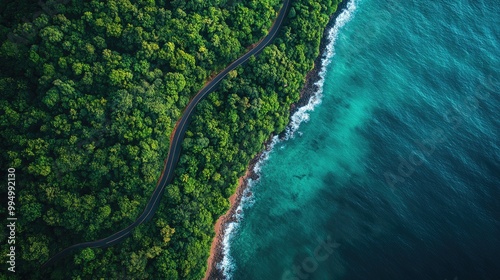 Aerial View of Coastal Road Amidst Lush Green Forest and Turquoise Ocean Waves