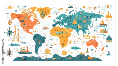Wallpaper Mural Colorful Illustrated World Map with Landmarks, Animals, and Cultural Icons Torontodigital.ca
