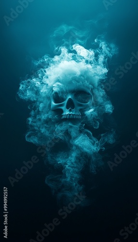 Eerie underwater scene featuring a skull surrounded by swirling smoke, creating a haunting and mysterious atmosphere.