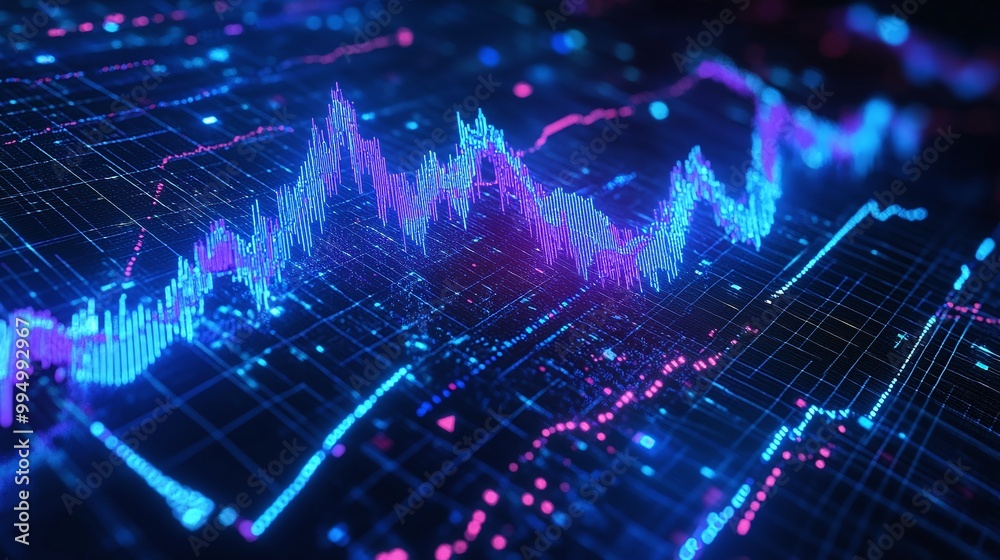 Abstract data visualization with colorful charts and glowing lines representing financial trends. Abstract data visualization with colorful charts and glowing lines representing financial trends.