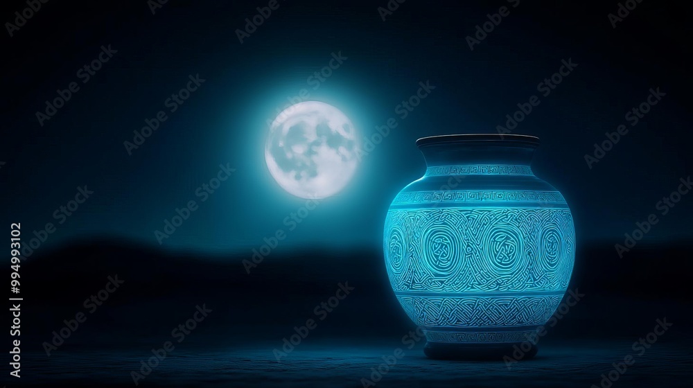 Ancient jar with Celtic lunar patterns, glowing under a full moon Ancient jar with Celtic lunar patterns, glowing under a full moon