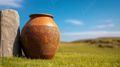 Ancient jar with Celtic ogham script, leaning against a sacred standing stone photo