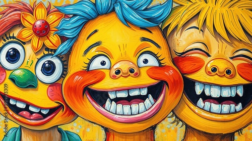 Vibrant, hand-drawn illustrations feature playful characters with prominent gap teeth, bright colors, and whimsical details, evoking a sense of childhood innocence and carefree joy.