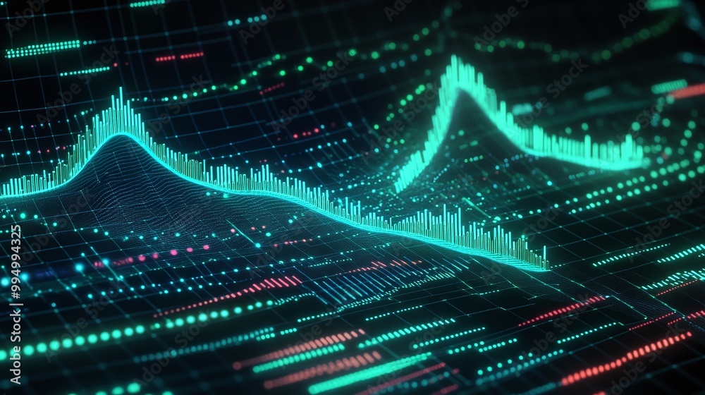 Abstract data visualization with glowing lines and graphs on a dark background, representing futuristic analytics. Abstract data visualization with glowing lines and graphs on a dark background, representing futuristic analytics.