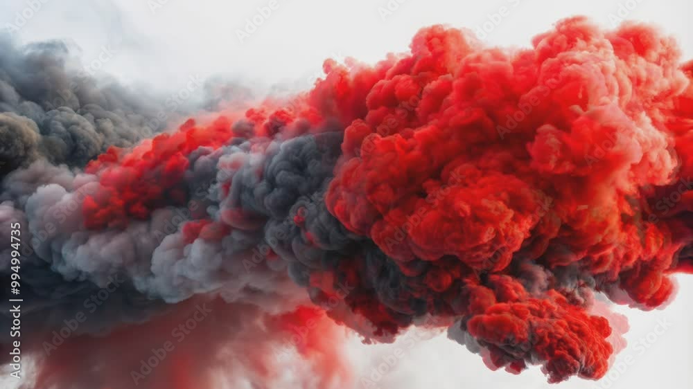 A vibrant photograph capturing a dramatic interplay of red and black smoke plumes against a stark white background.