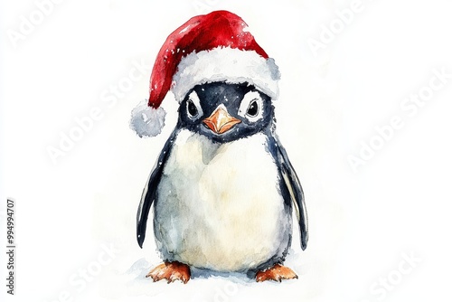 Watercolor illustration of a cute penguin wearing a Santa hat, perfect for holiday cards, decorations, and winter-themed designs.