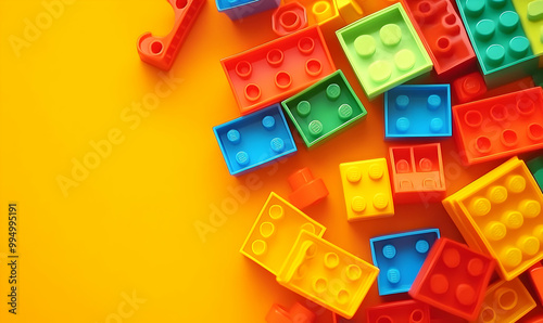 Colorful plastic building blocks scattered on a vibrant yellow background.