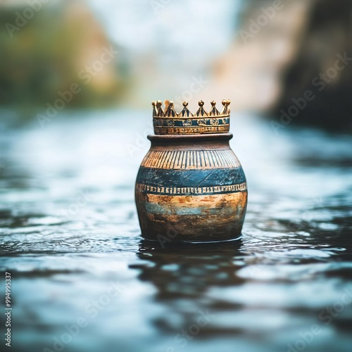 Ancient jar with Egyptian pharaoh s crown, partially submerged in river water photo