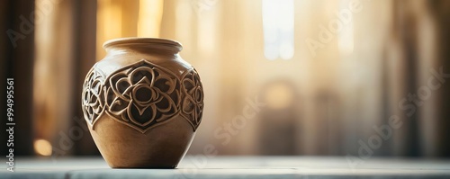 Ancient jar with Gothic rose window designs, inside a medieval cathedral photo