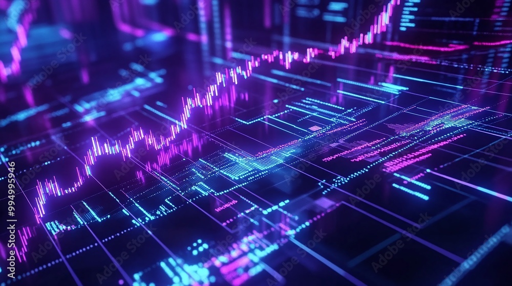 Abstract digital background showcasing vibrant data trends with glowing lines in blue and pink tones. Abstract digital background showcasing vibrant data trends with glowing lines in blue and pink tones.