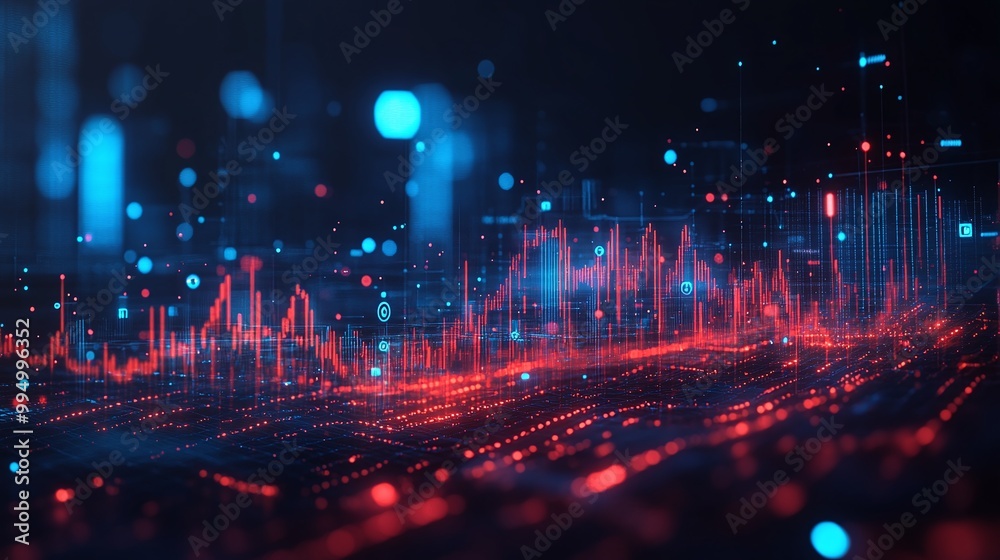 Fototapeta premium Abstract digital background with glowing lines and particles representing data analytics and technology trends.