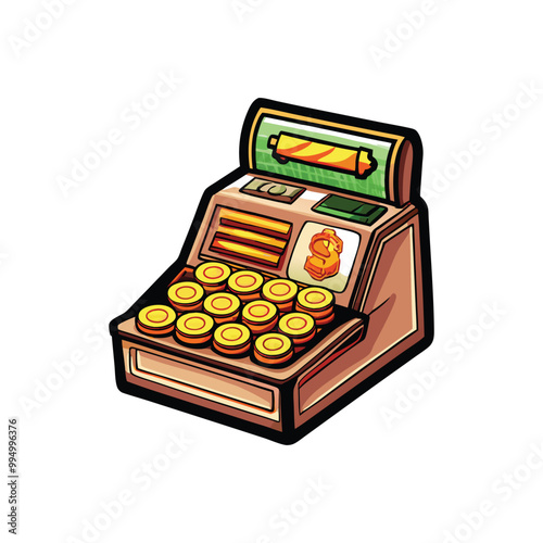 Cartoon illustration of a toy cash register with fake coins and bills.