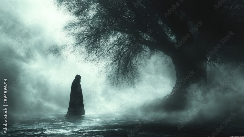A mysterious figure stands in a foggy landscape under a gnarled tree. A mysterious figure stands in a foggy landscape under a gnarled tree.