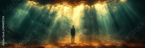 Silhouette of a man standing in a mystical cave, bathed in golden light.