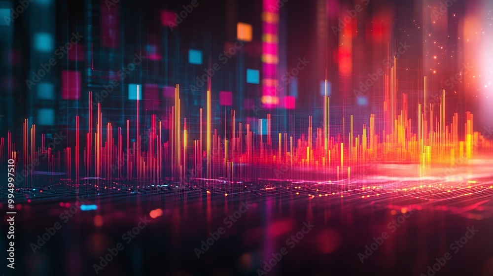 Abstract digital data visualization in vibrant colors with wave patterns and grid elements. Abstract digital data visualization in vibrant colors with wave patterns and grid elements.