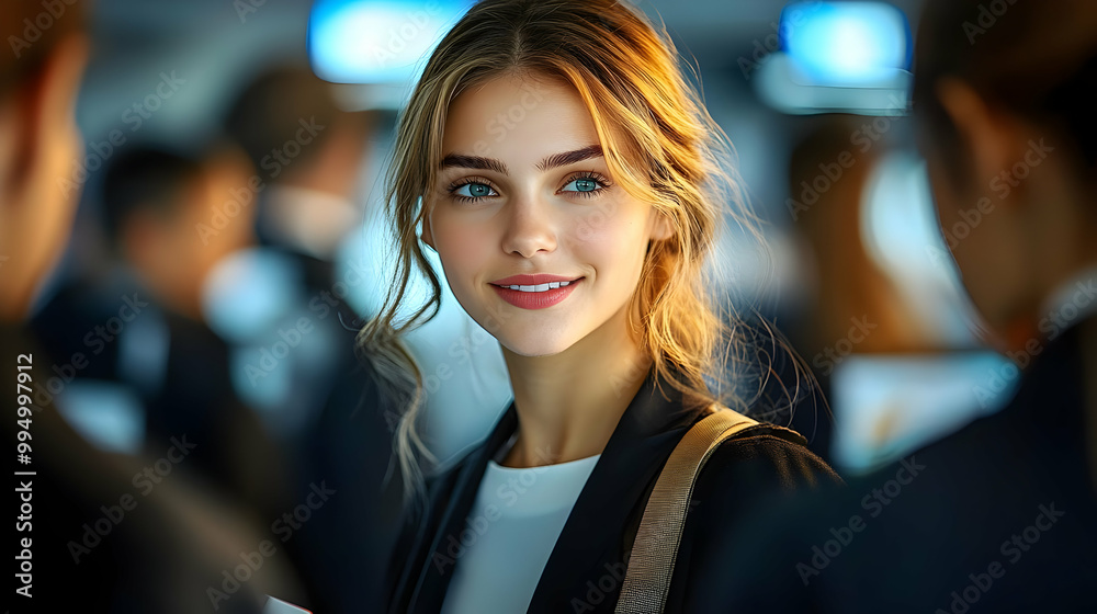 A Woman Smiles with Confidence and Professionalism in a Crowd A Woman Smiles with Confidence and Professionalism in a Crowd
