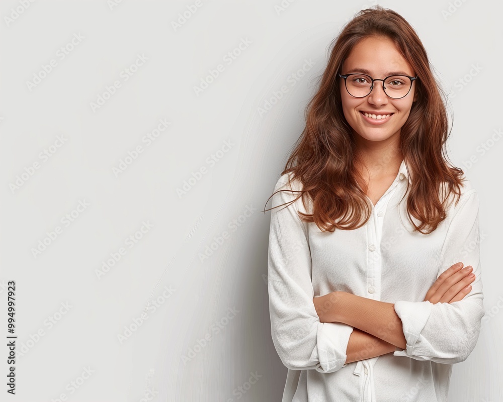 Portrait of a Confident Young Woman in Glasses and White Shirt, Smiling with Arms Crossed Portrait of a Confident Young Woman in Glasses and White Shirt, Smiling with Arms Crossed