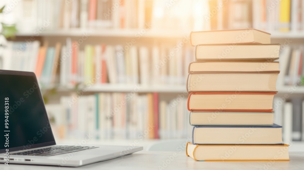 A quiet library features a laptop next to a tall stack of books, creating an inviting study area filled with natural light A quiet library features a laptop next to a tall stack of books, creating an inviting study area filled with natural light