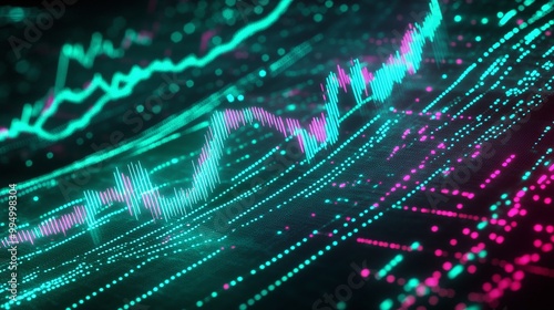 Abstract digital data visualization with colorful graphs and lines representing financial trends.