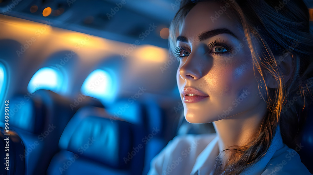 Woman Gazes Out Airplane Window with Hope and Anticipation Woman Gazes Out Airplane Window with Hope and Anticipation
