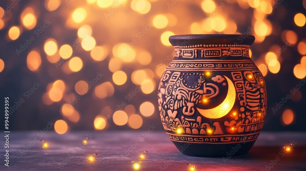 Ancient jar with Mayan moon goddess, surrounded by fireflies, glowing softly Ancient jar with Mayan moon goddess, surrounded by fireflies, glowing softly