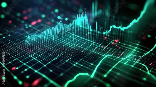 Abstract digital data visualization with glowing graphs and charts in vibrant colors.