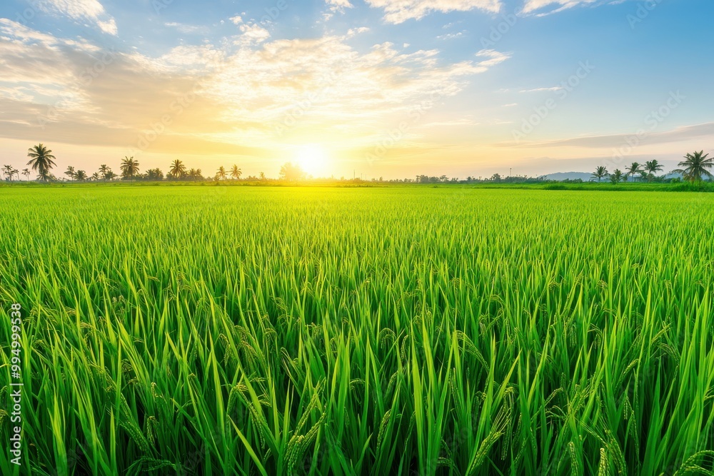 Misty Sunrise Over a Green Paddy Field: Peaceful Countryside Scene with Palm Trees Misty Sunrise Over a Green Paddy Field: Peaceful Countryside Scene with Palm Trees