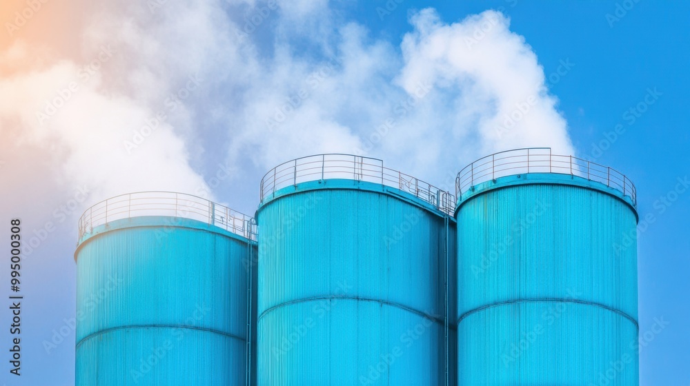 Steam rises from industrial cooling towers against a bright blue sky, showcasing the energy production process in a facility Steam rises from industrial cooling towers against a bright blue sky, showcasing the energy production process in a facility