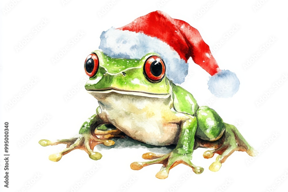 Fototapeta premium A cheerful green frog wearing a Santa hat, a charming watercolor illustration perfect for Christmas cards, decorations, and festive designs. This image symbolizes joy, holiday spirit, and the unique b
