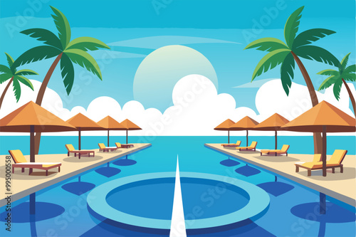 Illustration of a tropical resort with two infinity pools, palm trees, and lounge chairs.