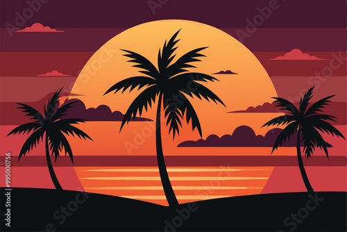 A tropical sunset with palm trees silhouetted against an orange sky.