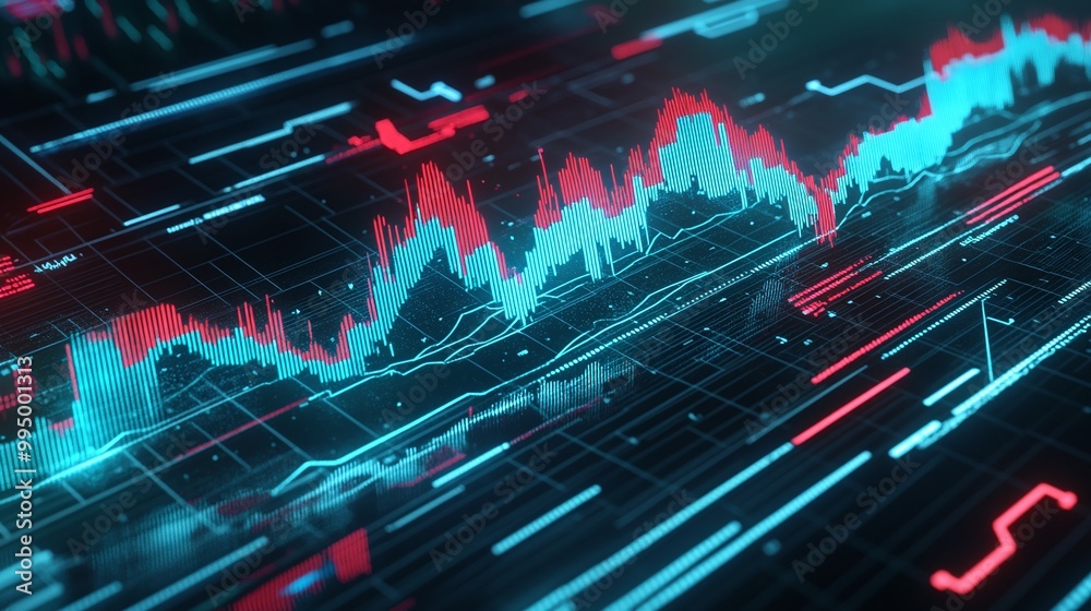 Abstract digital data visualization with vibrant blue and red lines indicating trends and fluctuations in a virtual environment. Abstract digital data visualization with vibrant blue and red lines indicating trends and fluctuations in a virtual environment.
